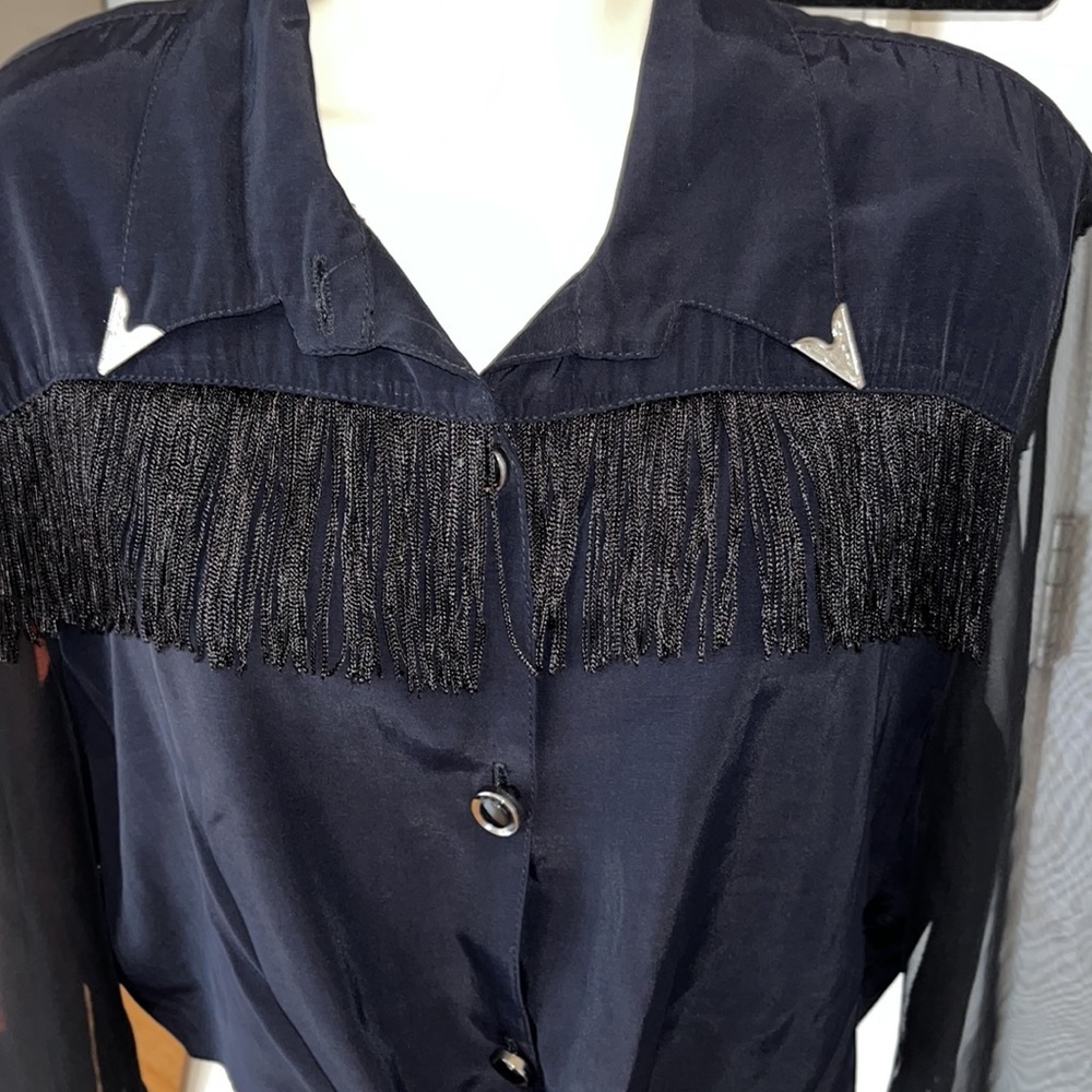 Ella Fashion XL black  vintage Fringe button down shirt with sheer sleeves